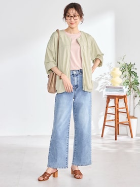 「GALLORIA（ギャローリア）の【ウエスト平ゴム内蔵】デニムワイドパンツ（デニムパンツ、ブルー系）」を使った、GALLORIAさん（レディース・165cm）の春コーディネート