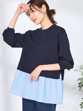 「GALLORIA（ギャローリア）の【ウエスト平ゴム内蔵】デニムワイドパンツ（デニムパンツ、ブルー系）」を使った、GALLORIAさん（レディース・165cm）の春コーディネート