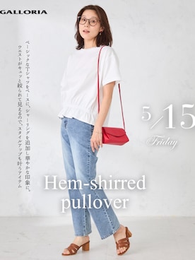 「GALLORIA（ギャローリア）の【ウエスト平ゴム内蔵】デニムワイドパンツ（デニムパンツ、ブルー系）」を使った、GALLORIAさん（レディース・165cm）の春コーディネート