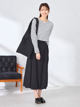 「GALLORIA（ギャローリア）のボーダーゆるプルオーバー（Tシャツ/カットソー、ブルー系）」を使った、GALLORIAさん（レディース・165cm）の春コーディネート