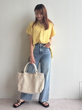「GALLORIA（ギャローリア）のドビーストライプドルマンシャツ（シャツ/ブラウス、イエロー系）」を使った、GALLORIAさん（レディース・165cm）の夏コーディネート