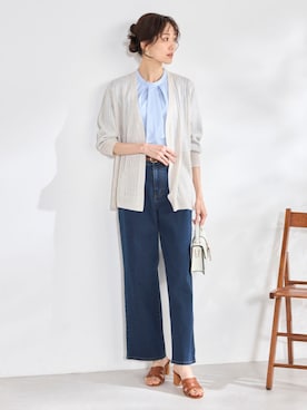 「GALLORIA（ギャローリア）の【ウエスト平ゴム内蔵】デニムワイドパンツ（デニムパンツ、ブルー系）」を使った、GALLORIAさん（レディース・165cm）の春コーディネート