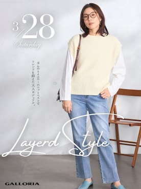 「GALLORIA（ギャローリア）のポコポコ柄編みニットベスト（ベスト、イエロー系）」を使った、GALLORIAさん（レディース・165cm）の春コーディネート
