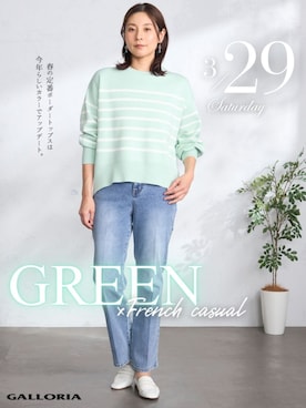 「GALLORIA（ギャローリア）の【ウエスト平ゴム内蔵】デニムセミフレアパンツ（デニムパンツ、ブルー系）」を使った、GALLORIAさん（レディース・165cm）の春コーディネート