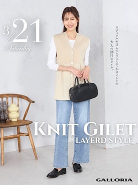 「GALLORIA（ギャローリア）の【ウエスト平ゴム内蔵】デニムワイドパンツ（デニムパンツ、ブルー系）」を使った、GALLORIAさん（レディース・165cm）の春コーディネート