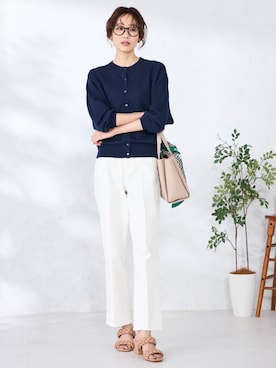 「GALLORIA（ギャローリア）のクルーカーディガン（カーディガン/ボレロ、ブルー系）」を使った、GALLORIAさん（レディース・165cm）の春コーディネート