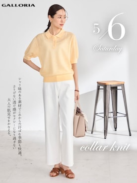 「GALLORIA（ギャローリア）の【ウエスト平ゴム内蔵】デニムワイドパンツ（デニムパンツ、ホワイト系）」を使った、GALLORIAさん（レディース・165cm）の春コーディネート