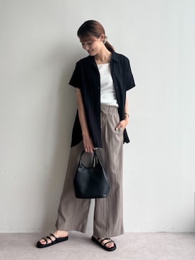 「GALLORIA（ギャローリア）の【接触冷感】ドロストワイドパンツ６５（その他パンツ、ブラウン系）」を使った、GALLORIAさん（レディース・165cm）の夏コーディネート