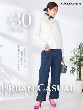 「GALLORIA（ギャローリア）の【ウエスト平ゴム内蔵】デニムワイドパンツ（デニムパンツ、ブルー系）」を使った、GALLORIAさん（レディース・165cm）の春コーディネート