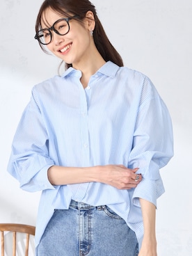 「GALLORIA（ギャローリア）の【ウエスト平ゴム内蔵】デニムワイドパンツ（デニムパンツ、ブルー系）」を使った、GALLORIAさん（レディース・165cm）の春コーディネート