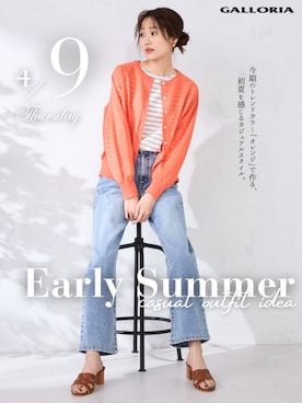 「GALLORIA（ギャローリア）の【ウエスト平ゴム内蔵】デニムワイドパンツ（デニムパンツ、ブルー系）」を使った、GALLORIAさん（レディース・165cm）の春コーディネート