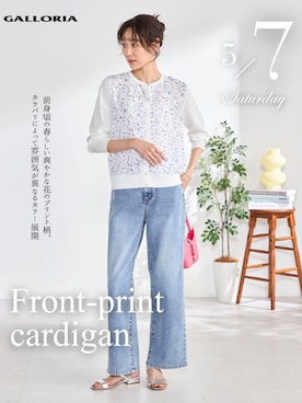 「GALLORIA（ギャローリア）の【ウエスト平ゴム内蔵】デニムワイドパンツ（デニムパンツ、ブルー系）」を使った、GALLORIAさん（レディース・165cm）の春コーディネート