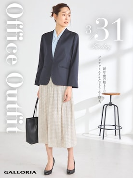 「GALLORIA（ギャローリア）の【キレメクジャケット】洗濯機で洗える カラーレスジャケット（ノーカラージャケット、ブルー系）」を使った、GALLORIAさん（レディース・165cm）の春コーディネート