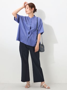 「GALLORIA（ギャローリア）の【冷感・スーパーストレッチ】ドロストセミフレアパンツ（その他パンツ、ブルー系）」を使った、GALLORIAさん（レディース・165cm）の夏コーディネート