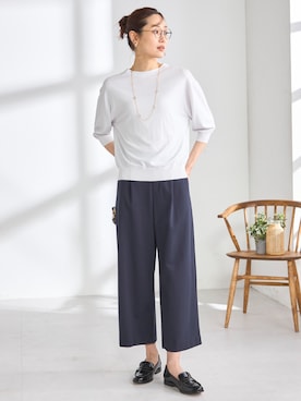 「GALLORIA（ギャローリア）の【洗濯機で洗える・ＵVカット・接触冷感】パフ袖ニット（ニット/セーター、グレー系）」を使った、GALLORIAさん（レディース・165cm）の春コーディネート