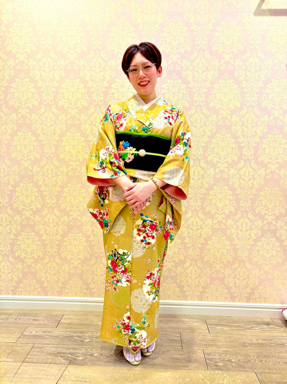 「パーティースタイル、お呼ばれスタイル、和装、着物、着物コーデ、アンティーク着物」｜「kimono tentoのアイテム（着物、イエロー系）」を使った、everywillbe0912さん（レディース・155cm）の春コーディネートの1枚目の写真