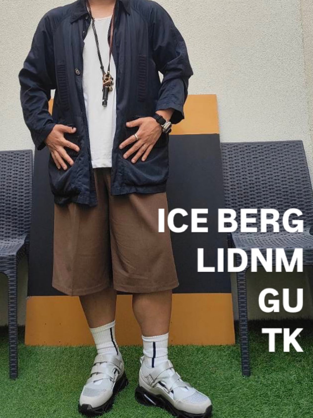 「夏ルックで気分アップ、GU、夏服コーデ、ノースリーブ、ハーフパンツ、スニーカー」｜「ICEBERGのアイテム（ジャケット/アウター、ブルー系）」を使った、tutta（相互フォロー）さん（メンズ・168cm）の夏コーディネートの1枚目の写真