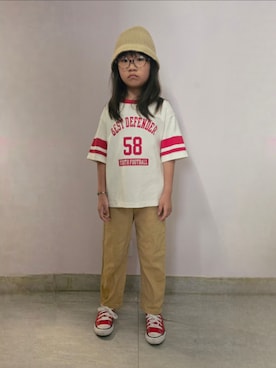 「アイテム（サンバイザー）」を使った、Cressida.Cさん（キッズ・120cm）の秋コーディネート