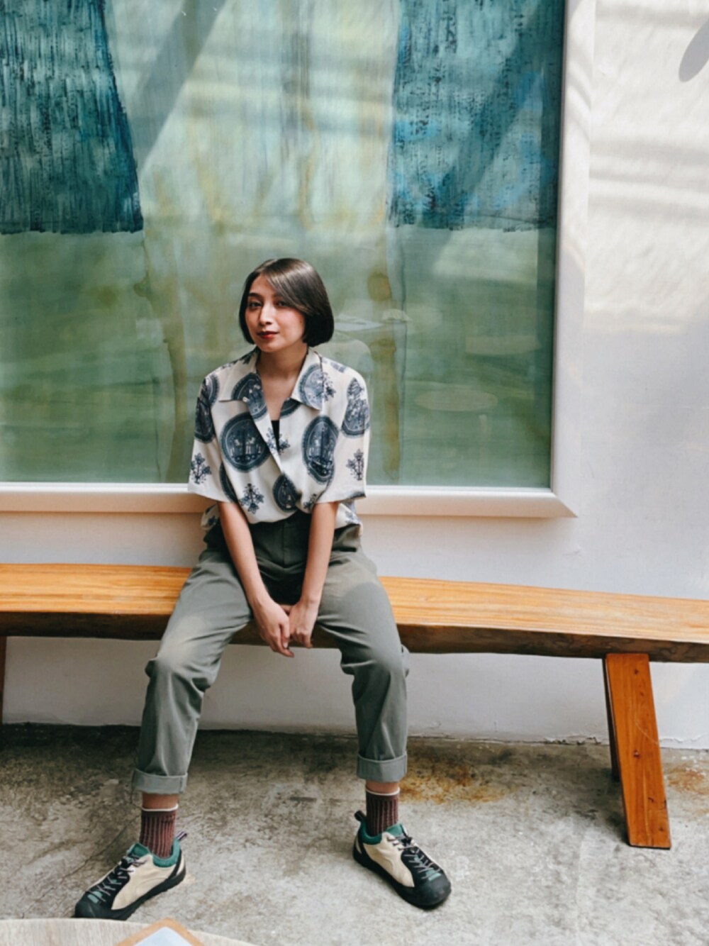 「ootd、夏、休閒、復古、古着MIX」｜「UNIQLOのアイテム（チノパンツ、グリーン系）」を使った、sakanayuyuさん（レディース・150cm）の冬コーディネートの1枚目の写真