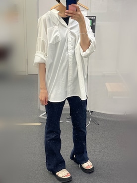 「mystic（ミスティック）のセンターステッチフレアデニム（デニムパンツ）」を使った、ariesさん（レディース・161cm）の夏コーディネート