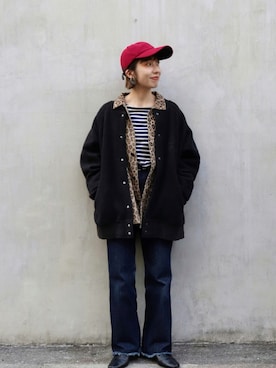 「柄×柄」｜「アイテム（キャップ）」を使った、chruuさん（レディース・153cm）の秋コーディネート