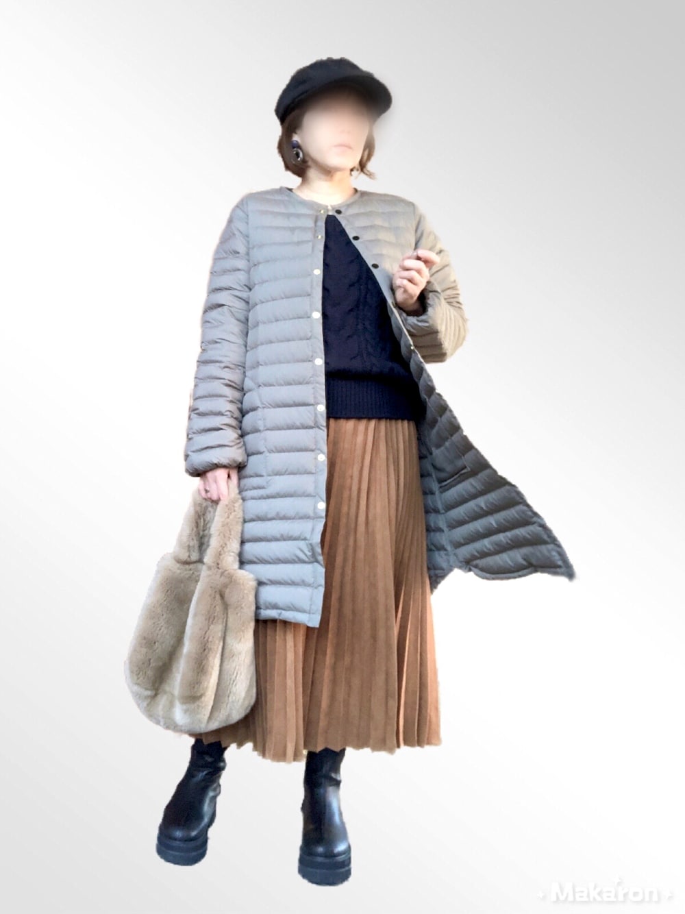 「低身長、オトナ女子、大人カジュアル、ファー小物、プリーツスカート、厚底シューズ、ロングスカート、Traditional Weatherwear、パッカブル、大晦日」｜「Traditional WeatherwearのARKLEY LONG DOWN PACKABLE/アークリー ロングダウン パッカブル（ダウンジャケット/コート、グレー系）」を使った、wondafullさん（レディース・151cm）の冬コーディネートの1枚目の写真