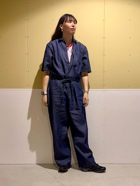 「かぐれ（カグレ）の綿麻デニムハーフスリーブオールインワン（つなぎ/オールインワン、ブルー系）」を使った、ﾀ ｶ ﾊ ｼさん（レディース・170cm）の夏コーディネート