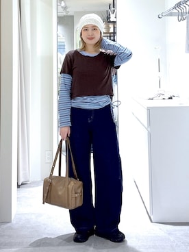 「FREE'S MART（フリーズマート）の◆シアーＴシャツレイヤードボーダーロンＴ（Tシャツ/カットソー、ブラウン系）」を使った、aaii18さん（レディース・162cm）の春コーディネート