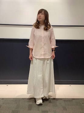 「TOKYO SHIRTS（トウキョウシャツ）の【Pitta Re:)】ふわっとガーゼシャツ レギュラーシルエット 七分袖 綿100% レディース カジュアルシャツ（シャツ/ブラウス、オレンジ系）」を使った、BRICK HOUSE by Tokyo Shirts 幕張新都心イオンモール店さん（レディース・152cm）の春コーディネート