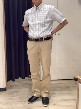 「TOKYO SHIRTS（トウキョウシャツ）の【吸水速乾】 形態安定ノンアイロン ボタンダウン 半袖ビジネスワイシャツ（ビジネスシャツ、ブルー系）」を使った、BRICK HOUSE by Tokyo Shirts ナゴヤドーム前イオンモール店さん（メンズ・167cm）の夏コーディネート