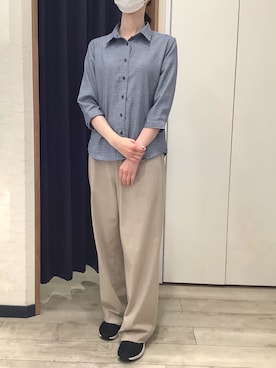 「TOKYO SHIRTS（トウキョウシャツ）の【Pitta Re:)】ふわっとガーゼシャツ レギュラーシルエット 七分袖 綿100% レディース カジュアルシャツ（シャツ/ブラウス、ブルー系）」を使った、BRICK HOUSE by Tokyo Shirts ナゴヤドーム前イオンモール店さん（レディース・165cm）の春コーディネート