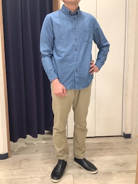 「TOKYO SHIRTS（トウキョウシャツ）のカラーテープ デニムシャツ（ポロシャツ、ブルー系）」を使った、BRICK HOUSE by Tokyo Shirts ナゴヤドーム前イオンモール店さん（レディース・165cm）の春コーディネート