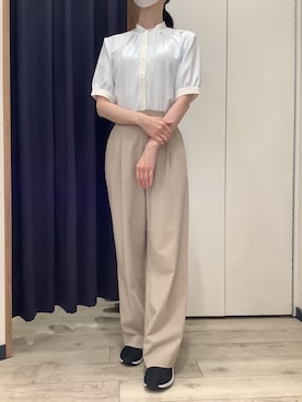 「TOKYO SHIRTS（トウキョウシャツ）の【COFREX】 配色 ギャザー衿 ブラウス 五分袖 レディースデザインシャツ（シャツ/ブラウス、ブルー系）」を使った、BRICK HOUSE by Tokyo Shirts ナゴヤドーム前イオンモール店さん（レディース・165cm）の春コーディネート