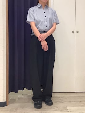 「TOKYO SHIRTS（トウキョウシャツ）の【吸水速乾】【COFREX】形態安定ノンアイロン スキッパー 半袖ビジネスワイシャツ（ビジネスシャツ、ブルー系）」を使った、BRICK HOUSE by Tokyo Shirts ナゴヤドーム前イオンモール店さん（メンズ・167cm）の夏コーディネート