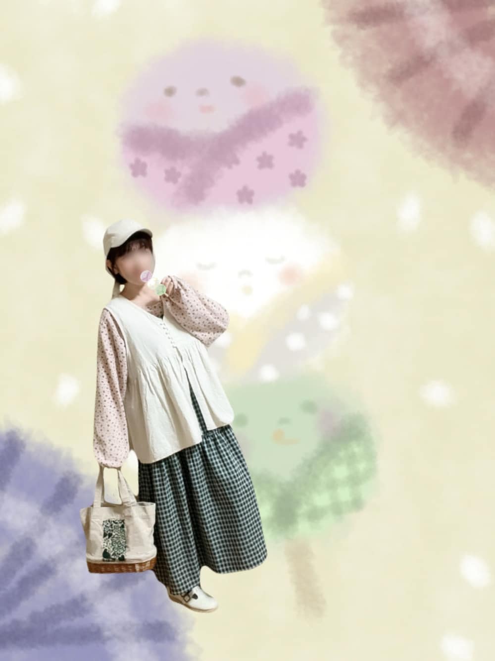 ピンク系のTシャツ/カットソー、ブルー系のワンピース、ベージュ系のハンドバッグを着用したレディースの春コーディネートの1枚目の写真