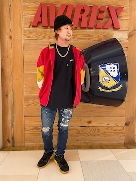 「AVIREX（アヴィレックス）のアイテム（その他アウター、レッド系）」を使った、TOMさん（メンズ・161cm）の冬コーディネート