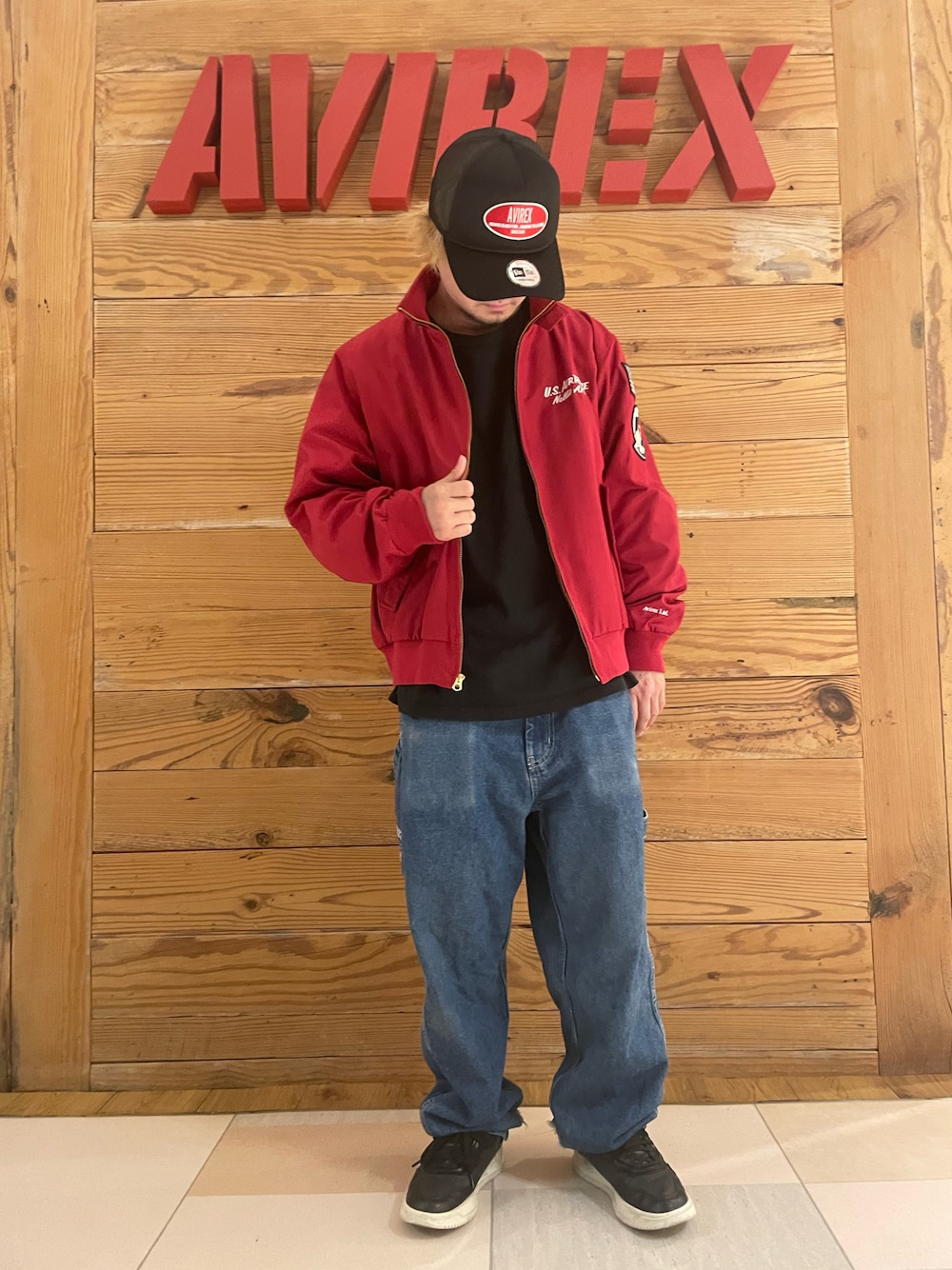 「AVIREX、オーバーサイズ、ニューエラ、ペインターパンツ、スイングトップ、AVIREXBelle、ニューエラコラボ、AVIREX町田店、ファッションの力を信じよう、AVIREX町田」｜「AVIREXの《NEW ERA/ニューエラ》WAPPEN MESH CAP / ワッペン メッシュキャップ / AVIREX / アヴィレックス（キャップ、ブラック系）」を使った、TOMさん（メンズ・161cm）の夏コーディネートの1枚目の写真