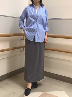 「TOKYO SHIRTS（トウキョウシャツ）のカジュアルシャツ オーバーシャツ 長袖 レディース（シャツ/ブラウス、ブルー系）」を使った、BRICK HOUSE by Tokyo Shirts 秋田イオンモール店さん（レディース・165cm）の夏コーディネート