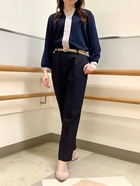 「TOKYO SHIRTS（トウキョウシャツ）のシルキーサテン 配色スキッパー ブラウス（シャツ/ブラウス、ブルー系）」を使った、BRICK HOUSE by Tokyo Shirts 秋田イオンモール店さん（レディース・165cm）の春コーディネート