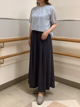 「TOKYO SHIRTS（トウキョウシャツ）のストライプ シフォンブラウス 五分袖（シャツ/ブラウス、ブルー系）」を使った、BRICK HOUSE by Tokyo Shirts 秋田イオンモール店さん（レディース・165cm）の夏コーディネート