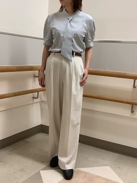 「TOKYO SHIRTS（トウキョウシャツ）の【吸水速乾】【COFREX】ループボウタイ ブラウス 五分袖 レディースデザインシャツ（シャツ/ブラウス、グレー系）」を使った、BRICK HOUSE by Tokyo Shirts 秋田イオンモール店さん（レディース・165cm）の夏コーディネート