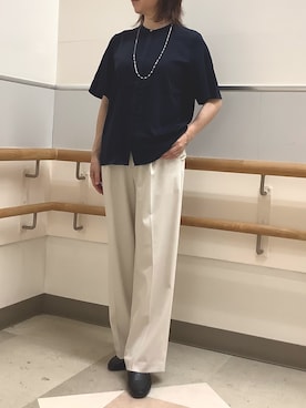 「TOKYO SHIRTS（トウキョウシャツ）のシルキーサテン ピンタック ブラウス 半袖（シャツ/ブラウス、ブルー系）」を使った、BRICK HOUSE by Tokyo Shirts 秋田イオンモール店さん（レディース・165cm）の夏コーディネート