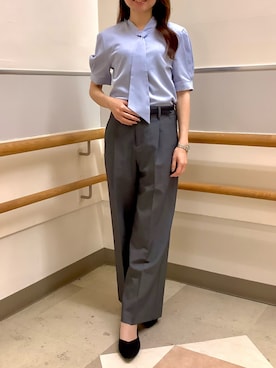 「TOKYO SHIRTS（トウキョウシャツ）の【吸水速乾】【COFREX】ループボウタイ ブラウス 五分袖 レディースデザインシャツ（シャツ/ブラウス、ブルー系）」を使った、BRICK HOUSE by Tokyo Shirts 秋田イオンモール店さん（レディース・165cm）の春コーディネート