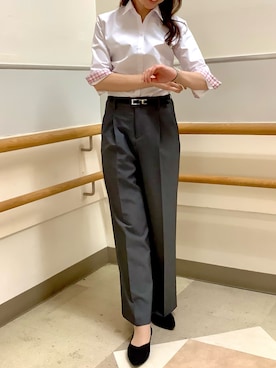 「TOKYO SHIRTS（トウキョウシャツ）の形態安定ノンアイロン スキッパー 7分袖ビジネスワイシャツ（ビジネスシャツ、ピンク系）」を使った、BRICK HOUSE by Tokyo Shirts 秋田イオンモール店さん（レディース・165cm）の夏コーディネート