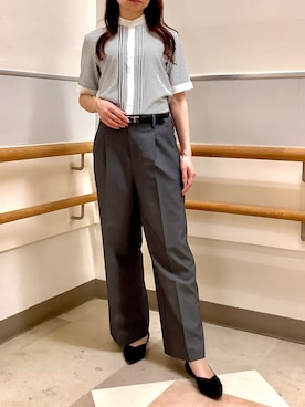「TOKYO SHIRTS（トウキョウシャツ）の【吸水速乾】【COFREX】スタンド衿 ピンタック ブラウス 五分袖 レディースデザインシャツ（シャツ/ブラウス、グレー系）」を使った、BRICK HOUSE by Tokyo Shirts 秋田イオンモール店さん（レディース・165cm）の夏コーディネート
