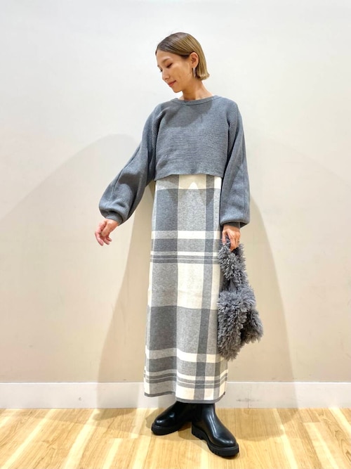 ワンピース セール】チェックワンピース×クロップドニットセット