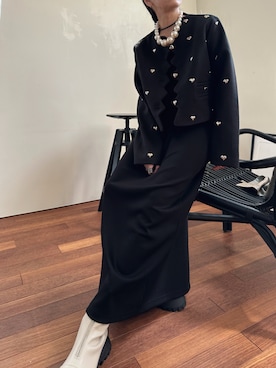「オールブラック」｜「アイテム（ノーカラージャケット）」を使った、MΛM♡さん（レディース・156cm）の冬コーディネート