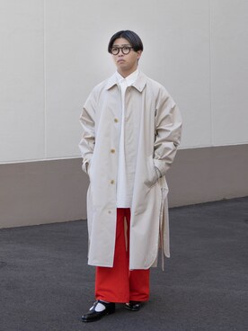 「アイテム（ノーカラーコート、ホワイト系）」を使った、kaiseiさん（メンズ・166cm）の冬コーディネート