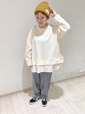 「Samansa Mos2 blue」｜「アイテム（ニットキャップ/ビーニー）」を使った、momoさん（レディース・152cm）の秋コーディネート