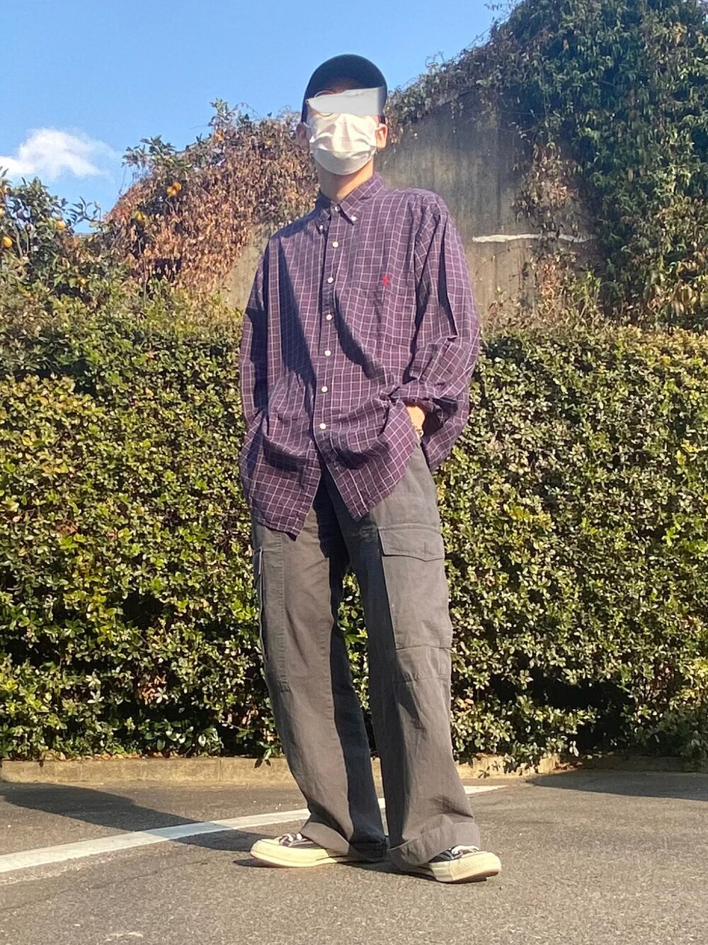 「キャップ、NEW ERA、ニューエラ、Polo Ralph Lauren、ラルフローレン、シャツスタイル、チェック、チェックシャツ、カーゴパンツ、converse、CT70s、コンバース、オーバーサイズ、ビッグシルエット、春服みてみて」｜「NEW ERAのニューエラ キャップ オーセンティック LOW PROFILE 59FIFTY MLB オンフィールド NEW ERA LP（キャップ、ブルー系）」を使った、ゆう₍ ᐢ. ̫ .ᐢ ₎さん（メンズ・171cm）の春コーディネートの1枚目の写真